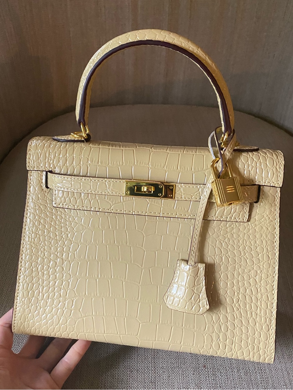 25cm khaki beige cream crocodile embossed  leather top handle handbag ghw Kelly